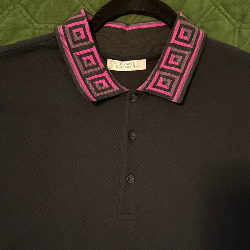 Versace Black Polo with Pink Geometric Collar